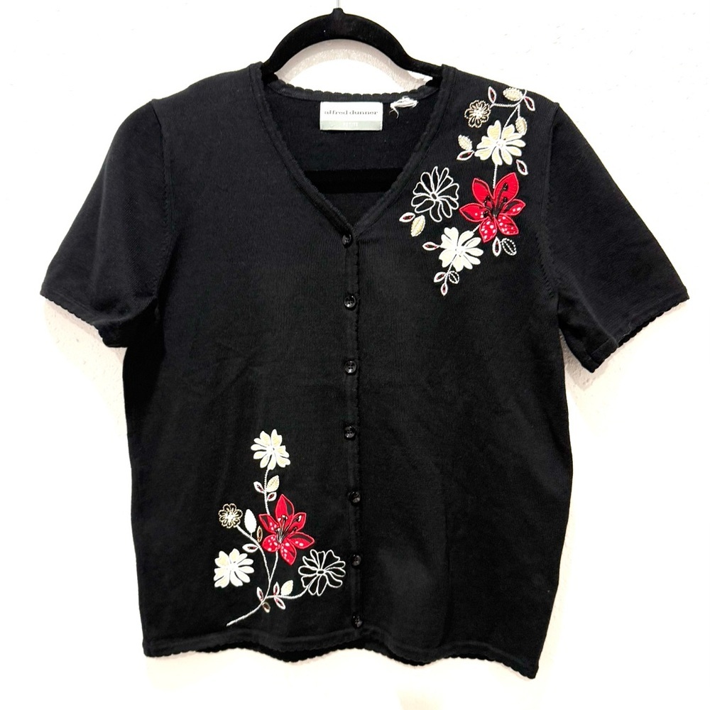 Alfred Dunner Havana Black Floral Embroidered Button Down‎ Shirt SP